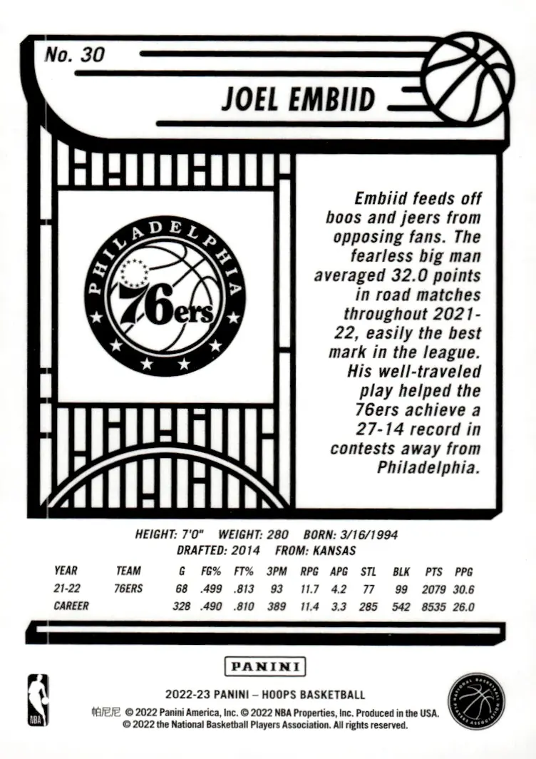 2022-23 NBA Hoops #30 Joel Embiid (back)