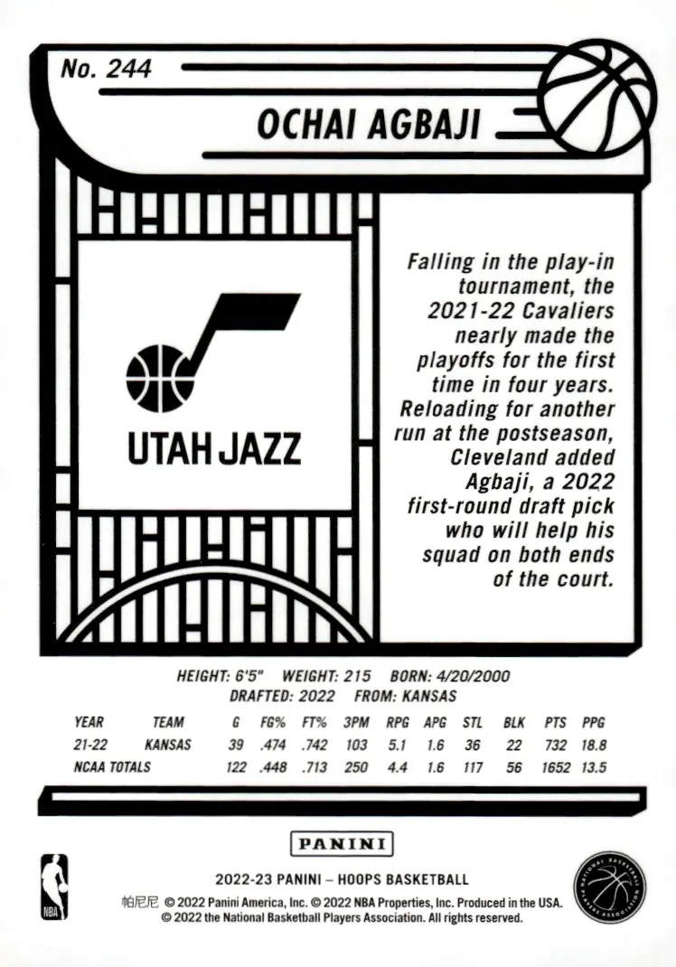 2022-23 NBA Hoops #244 Ochai Agbaji (back)
