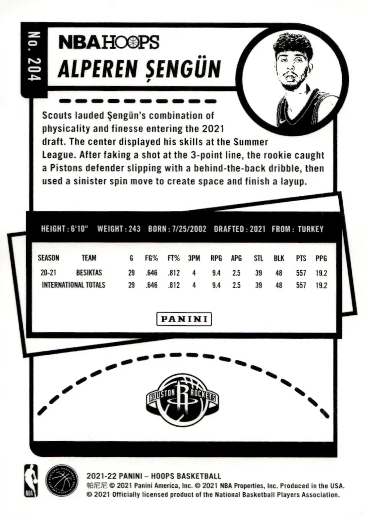2021-22 NBA Hoops #204 Alperen Şengün (back)