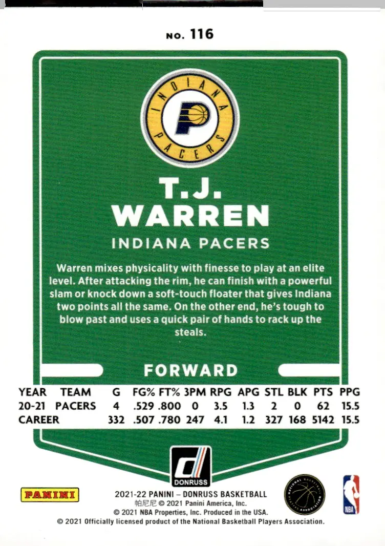 2021-22 Donruss #116 T.J. Warren (back)