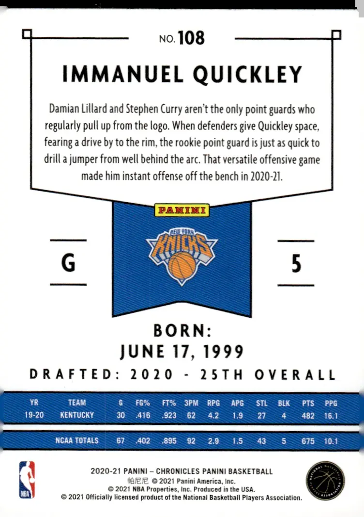 2020-21 Chronicles #108 Immanuel Quickley (back)