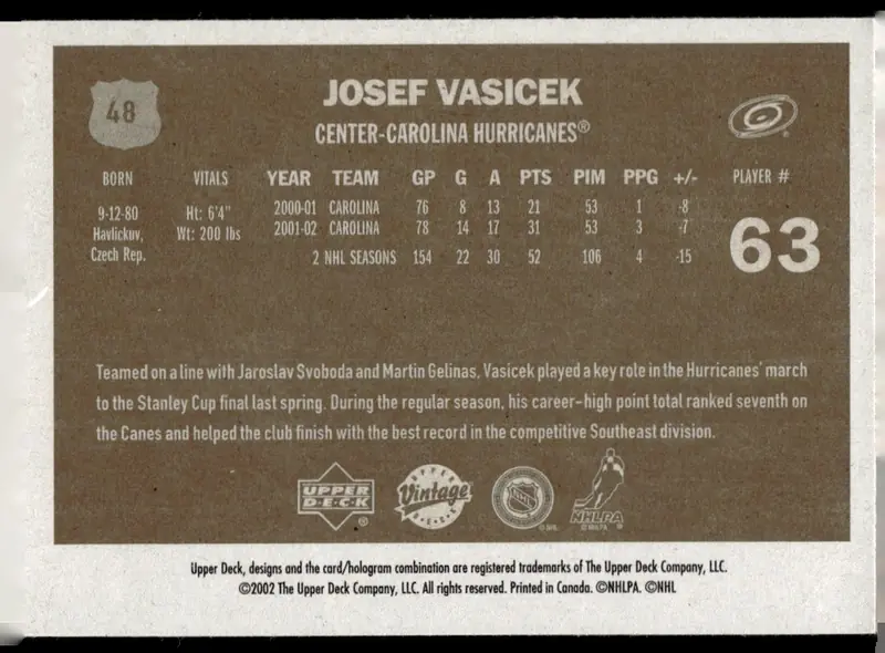 2002-03 Upper Deck Vintage #48 Josef Vasicek (back)