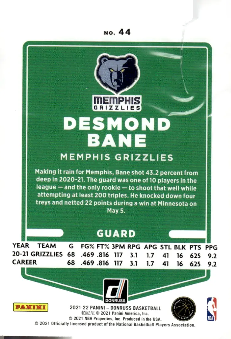 2021-22 Donruss #44 Desmond Bane (back)