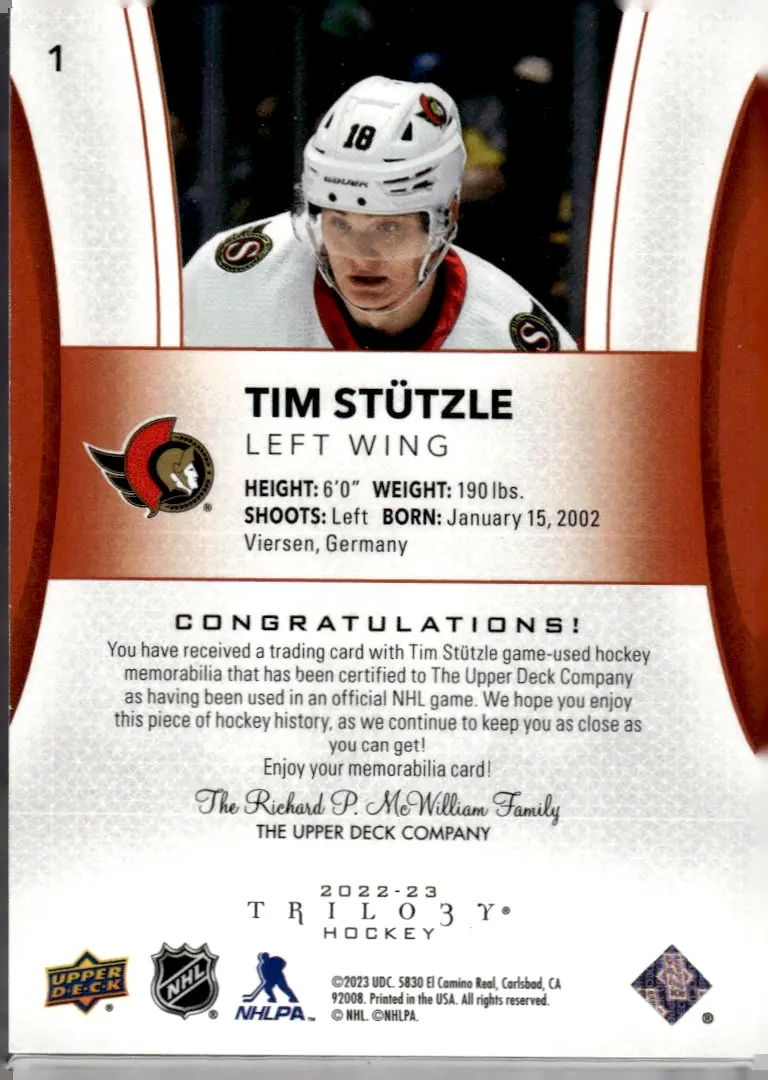 2022-23 Upper Deck Trilogy #1 Tim Stützle – Orange Foil Jersey (back)