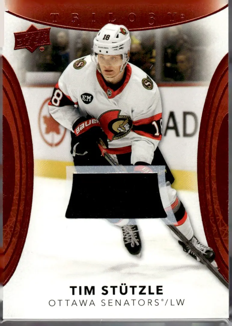 2022-23 Upper Deck Trilogy #1 Tim Stützle – Orange Foil Jersey (front)