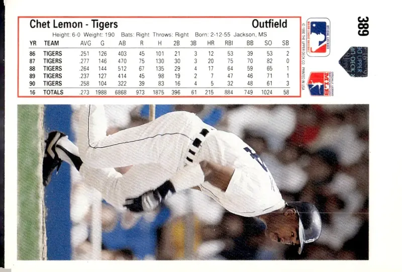 1991 Upper Deck #389 Chet Lemon (back)