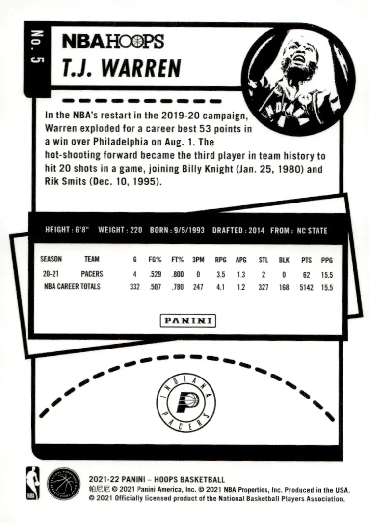 2021-22 NBA Hoops #5 T.J. Warren (back)