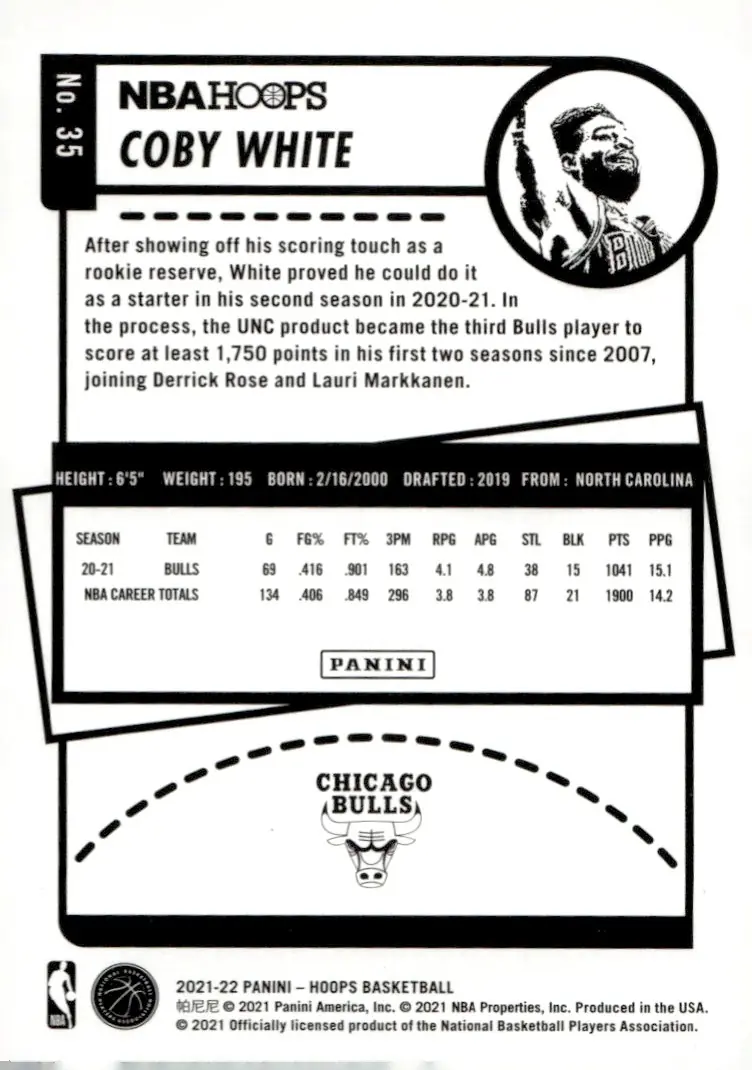 2021-22 NBA Hoops #35 Coby White (back)