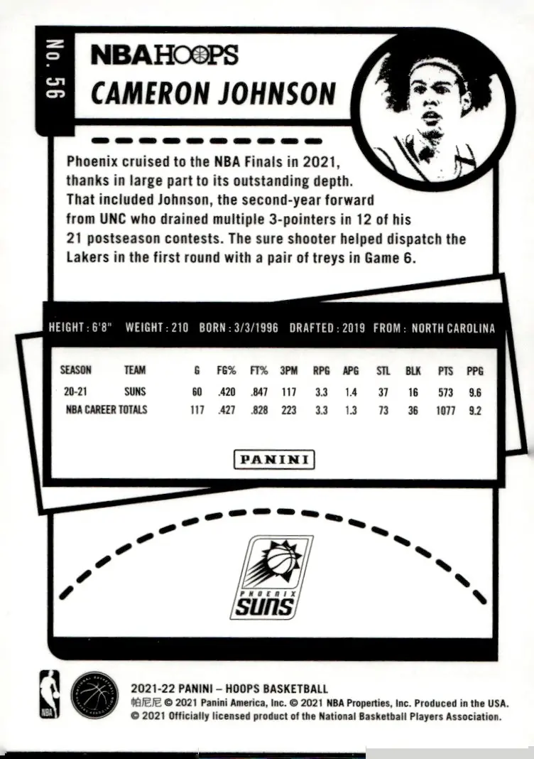 2021-22 NBA Hoops #56 Cameron Johnson (back)