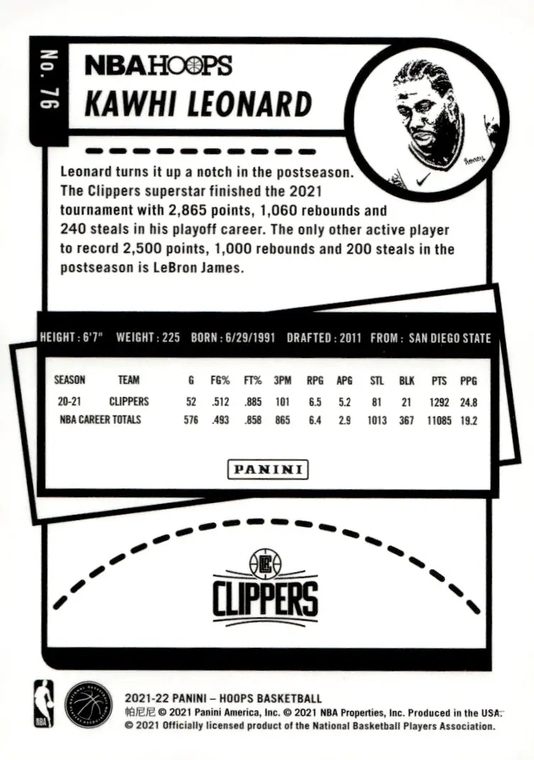 2021-22 NBA Hoops #76 Kawhi Leonard (back)