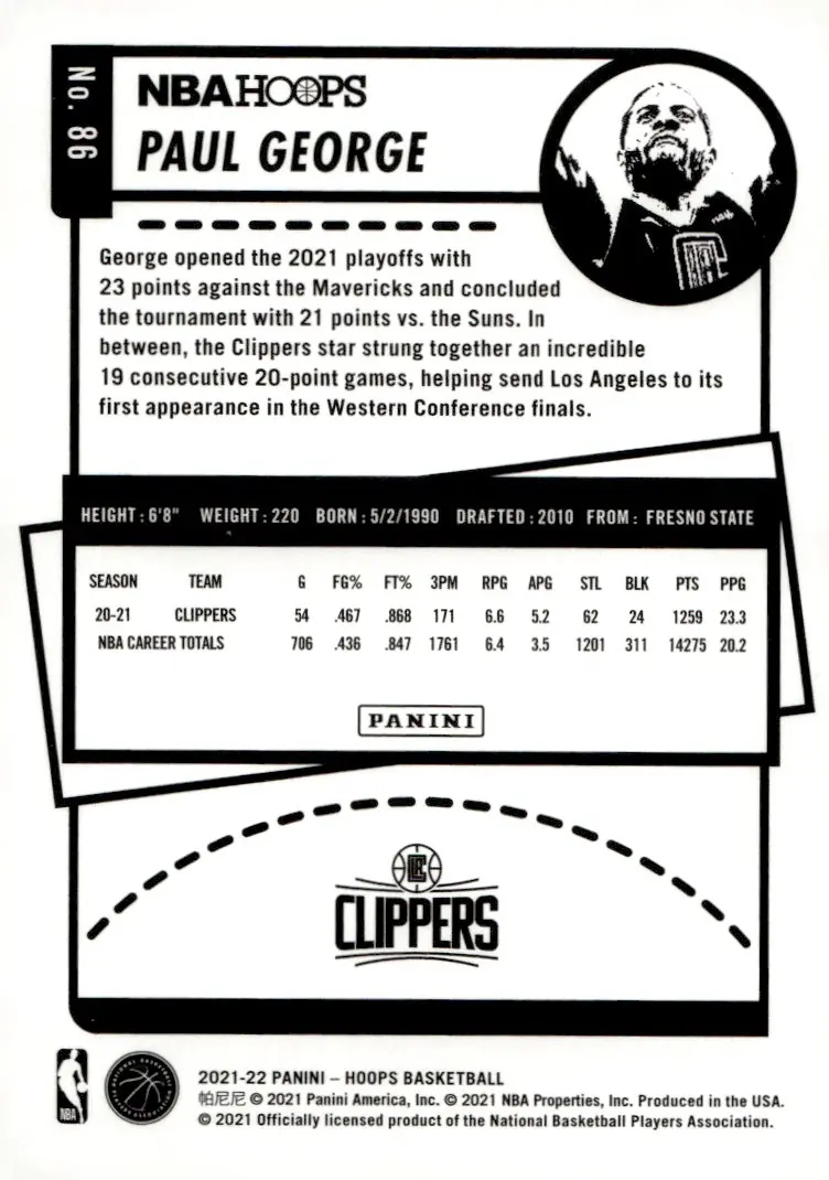 2021-22 NBA Hoops #86 Paul George (back)