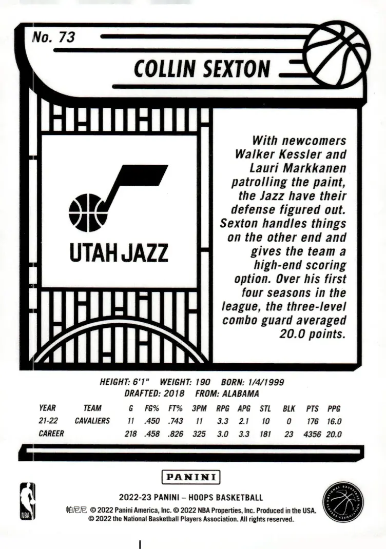 2022-23 NBA Hoops #73 Collin Sexton (back)