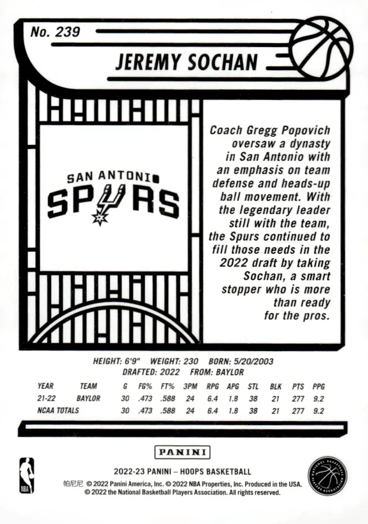 2022-23 NBA Hoops #239 Jeremy Sochan (back)