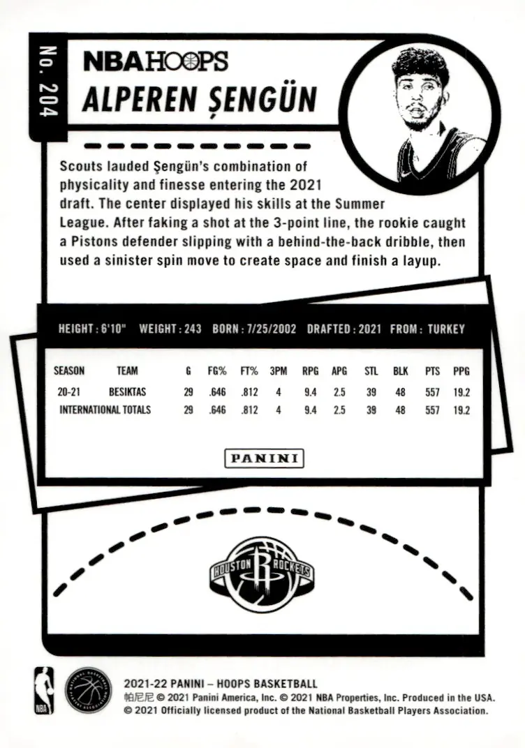 2021-22 NBA Hoops #204 Alperen Şengün (back)