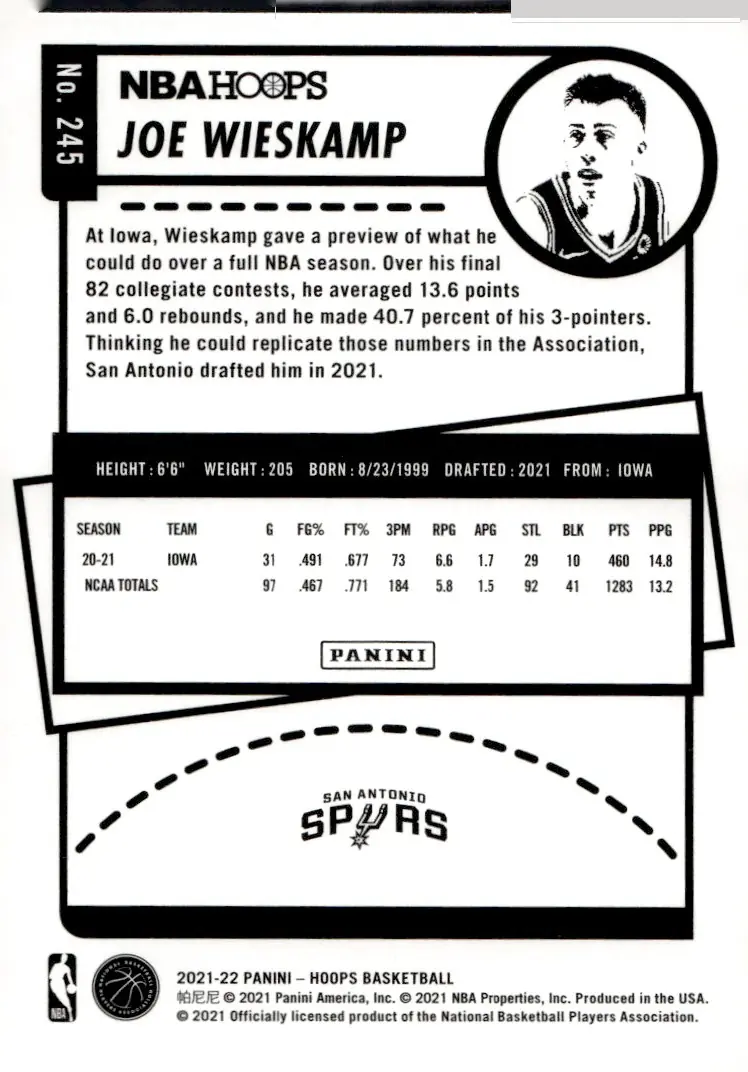 2021-22 NBA Hoops #245 Joe Wieskamp – Winter (back)