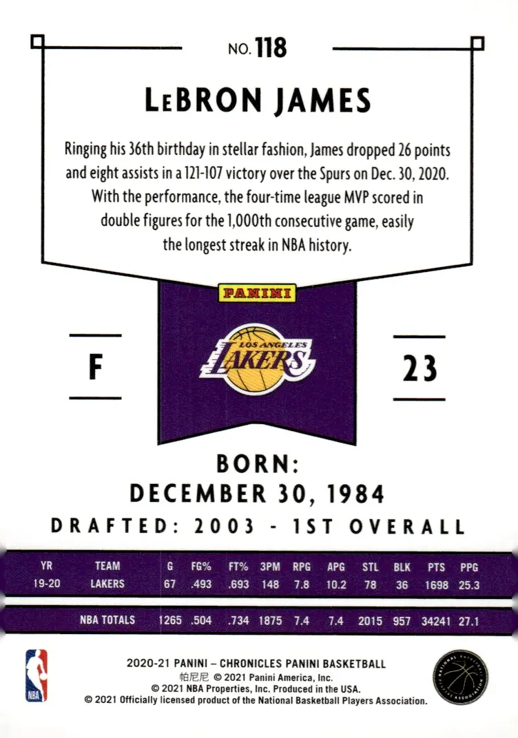 2020-21 Chronicles #118 LeBron James (back)
