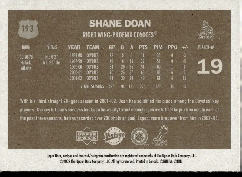 2002-03 Upper Deck Vintage #193 Shane Doan (back)