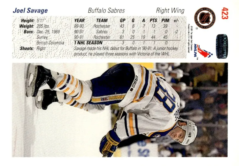 1991-92 Upper Deck #423 Joel Savage (back)