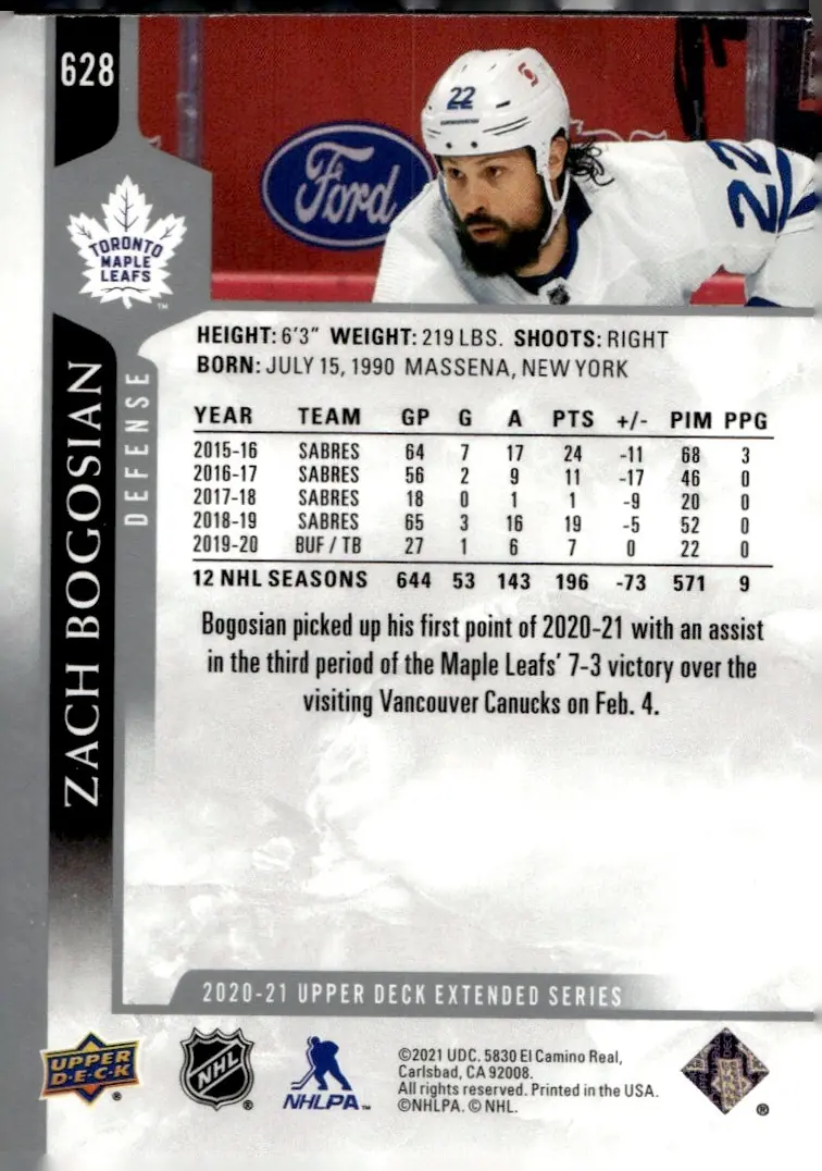 2020-21 Upper Deck Extended Series #628 Zach Bogosian (back)