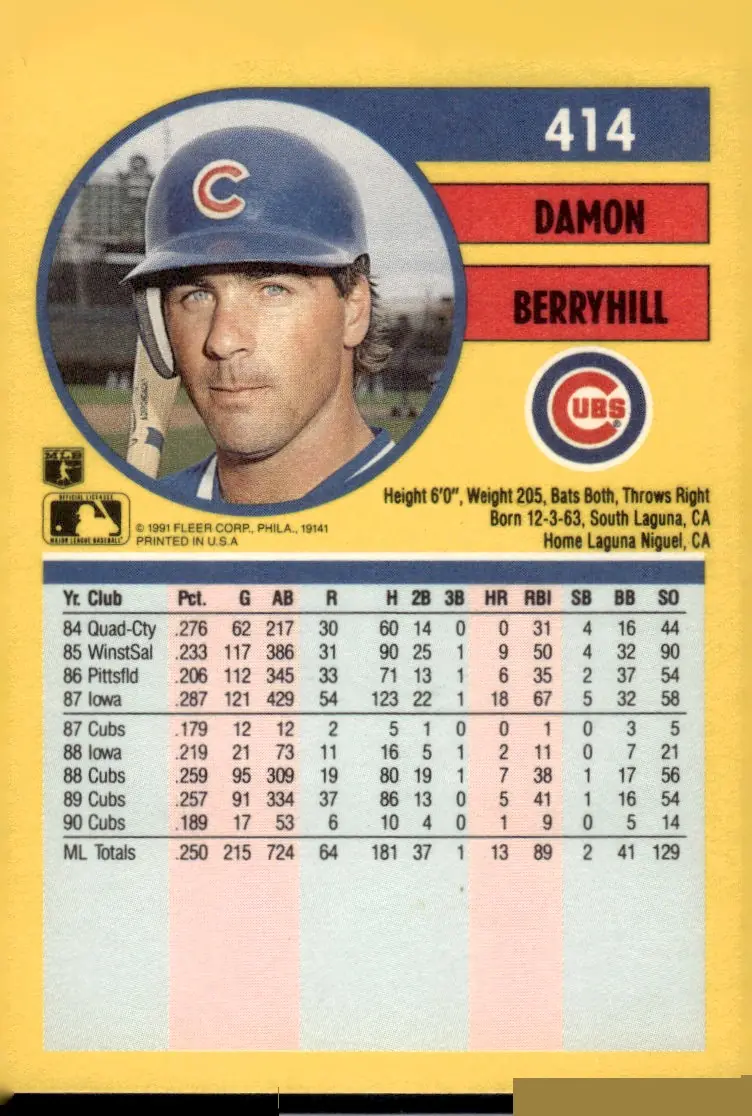 1991 Fleer #414 Damon Berryhill (back)