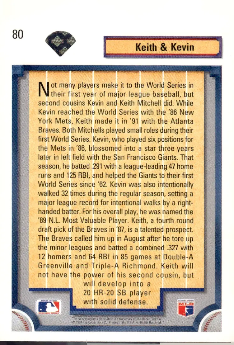 1992 Upper Deck #80 Keith Mitchell / Kevin Mitchell (back)