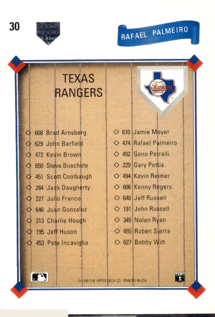 1991 Upper Deck #30 Rafael Palmeiro (back)