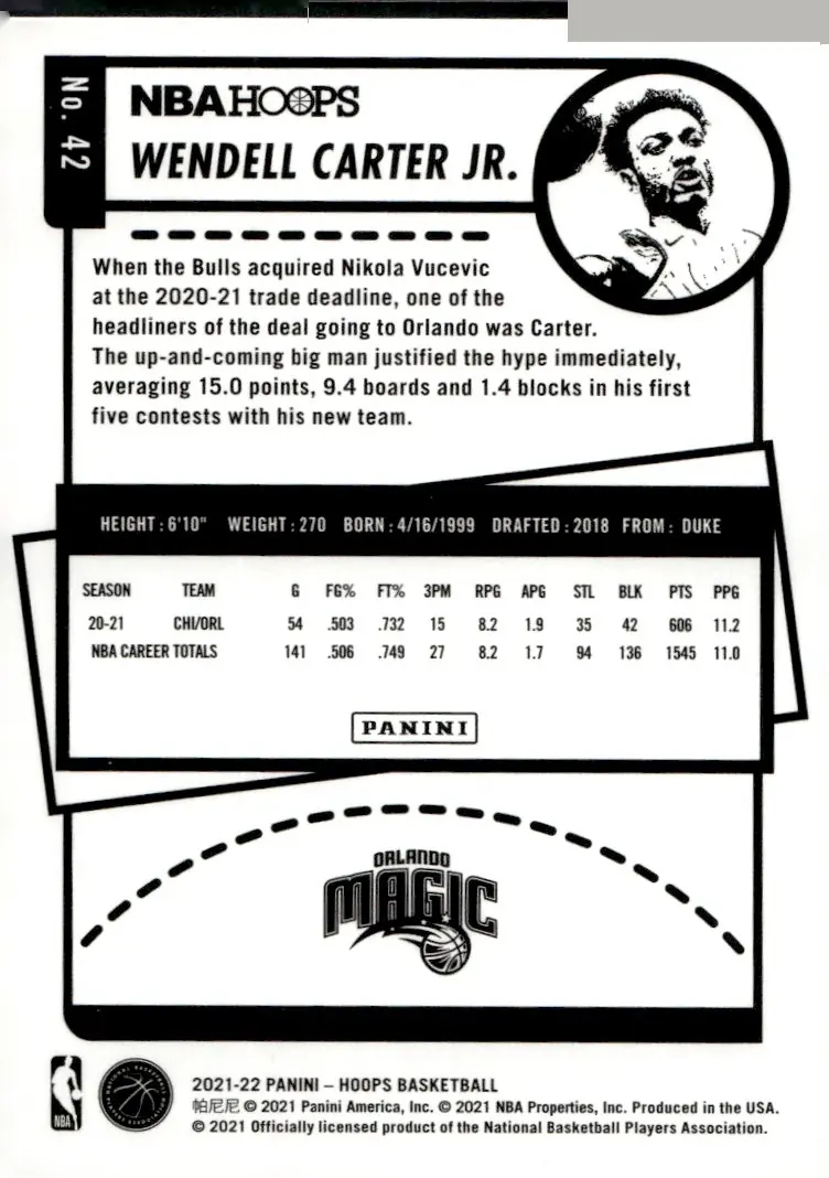 2021-22 NBA Hoops #42 Wendell Carter Jr. (back)