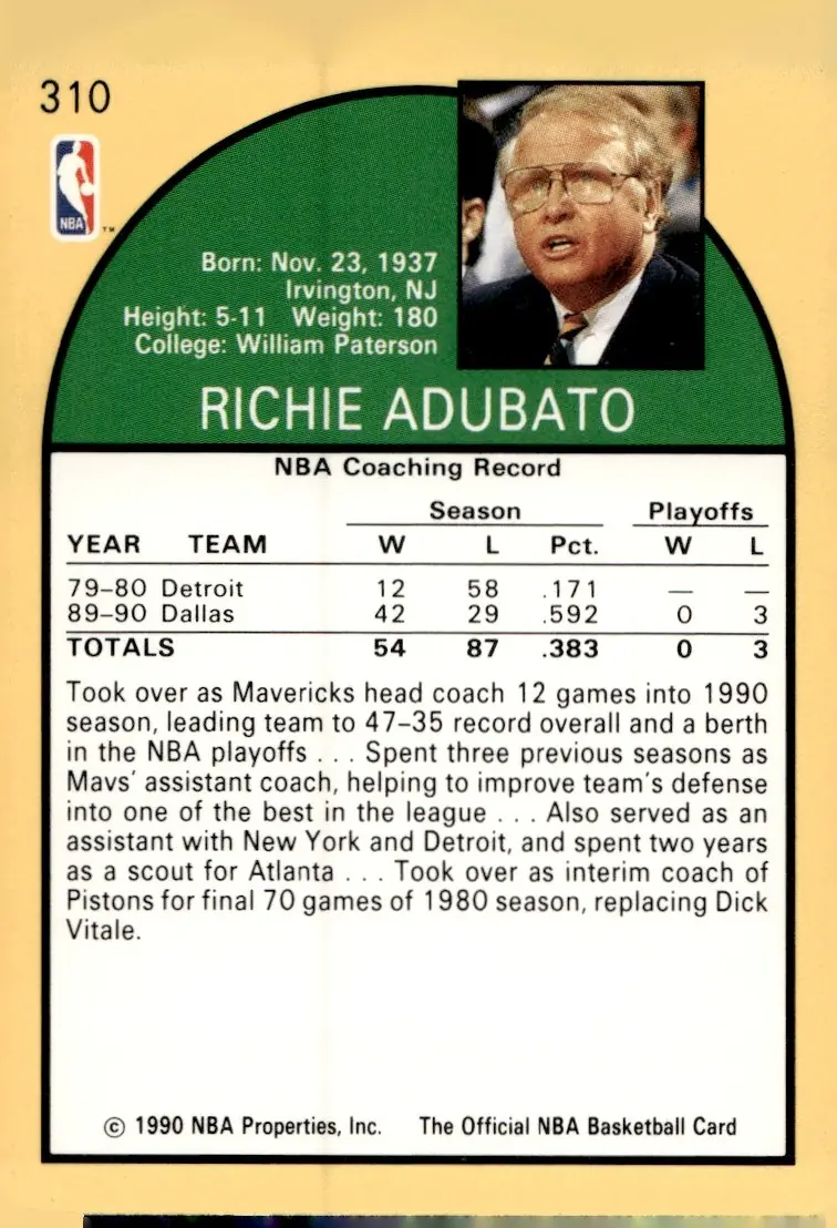 1990-91 NBA Hoops #310 Richie Adubato (back)