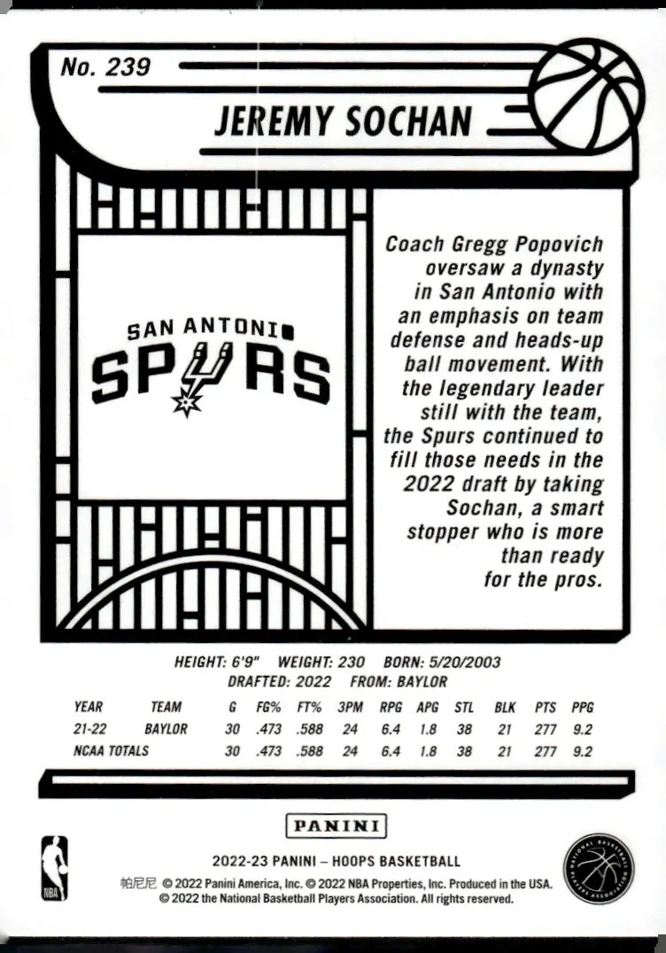 2022-23 NBA Hoops #239 Jeremy Sochan (back)