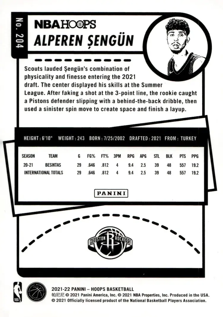 2021-22 NBA Hoops #204 Alperen Şengün (back)