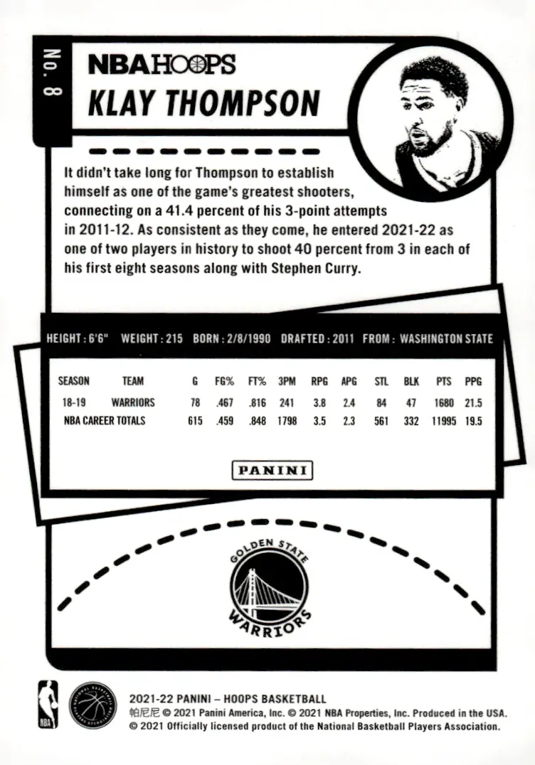 2021-22 NBA Hoops #8 Klay Thompson (back)