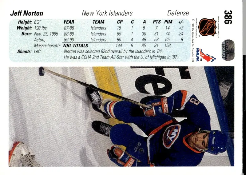 1990-91 Upper Deck #386 Jeff Norton (back)
