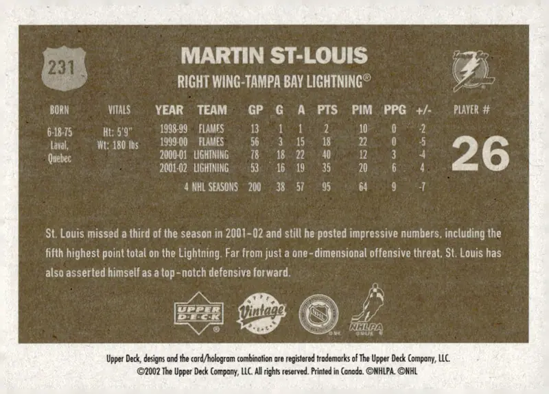 2002-03 Upper Deck Vintage #231 Martin St. Louis (back)