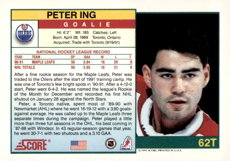 1991-92 Score Rookie & Traded (American) #62T Peter Ing (back)