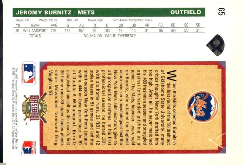 1992 Upper Deck #65 Jeromy Burnitz (back)