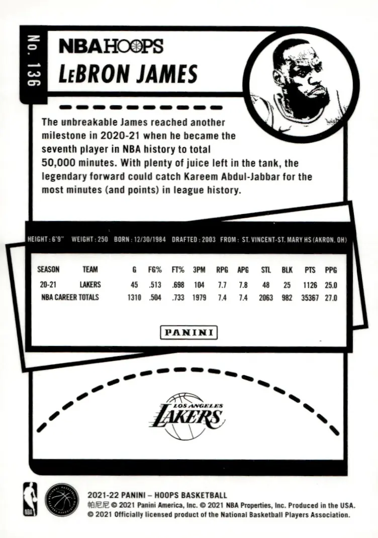 2021-22 NBA Hoops #136 LeBron James (back)