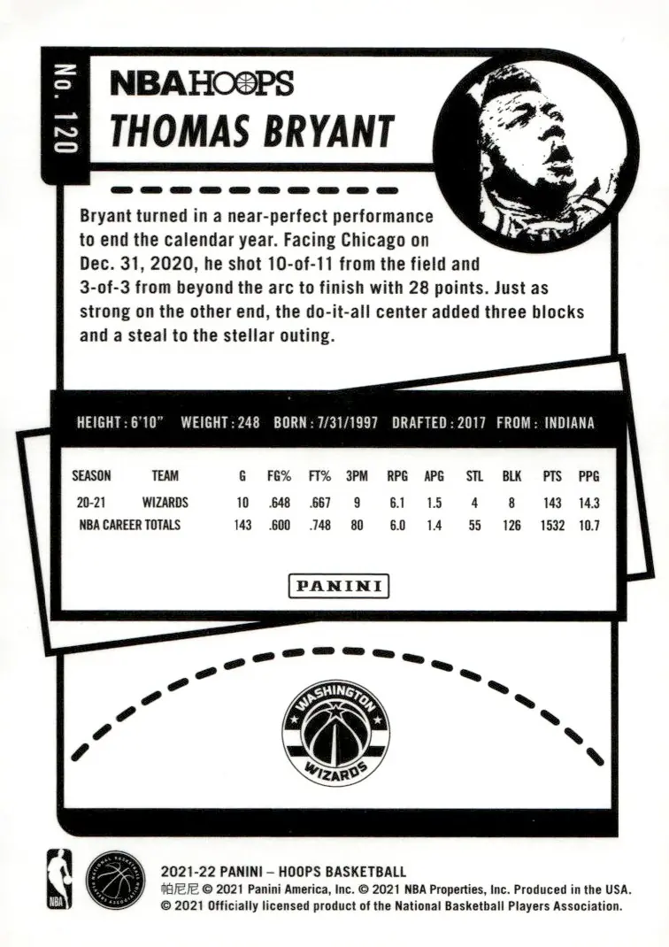 2021-22 NBA Hoops #120 Thomas Bryant (back)