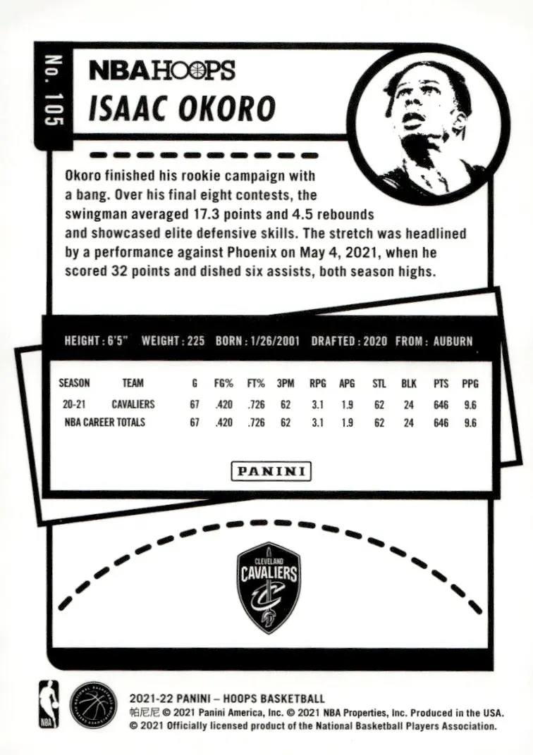 2021-22 NBA Hoops #105 Isaac Okoro (back)