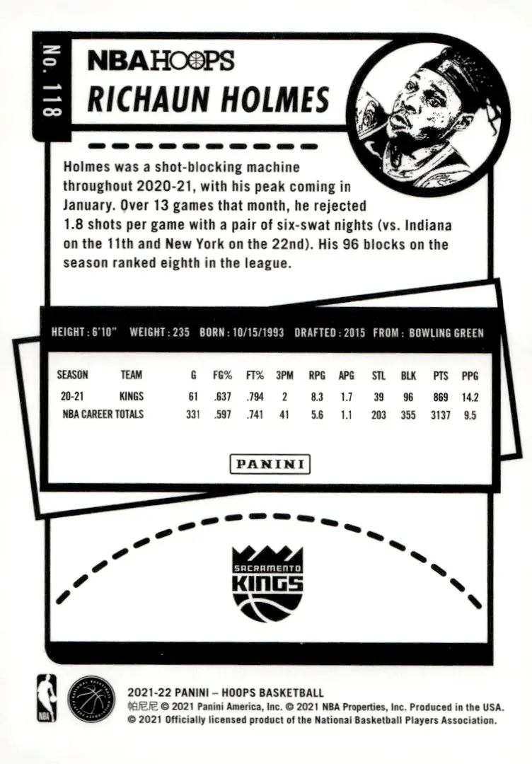 2021-22 NBA Hoops #118 Richaun Holmes (back)