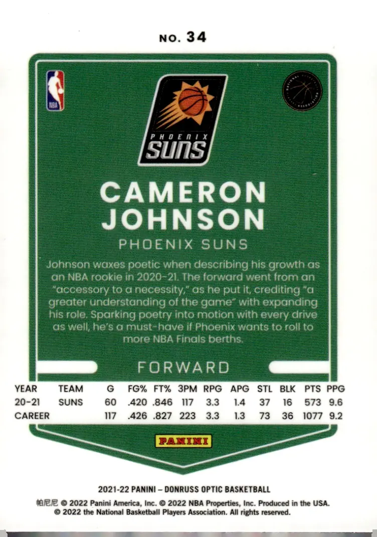 2021-22 Donruss Optic #34 Cameron Johnson (back)