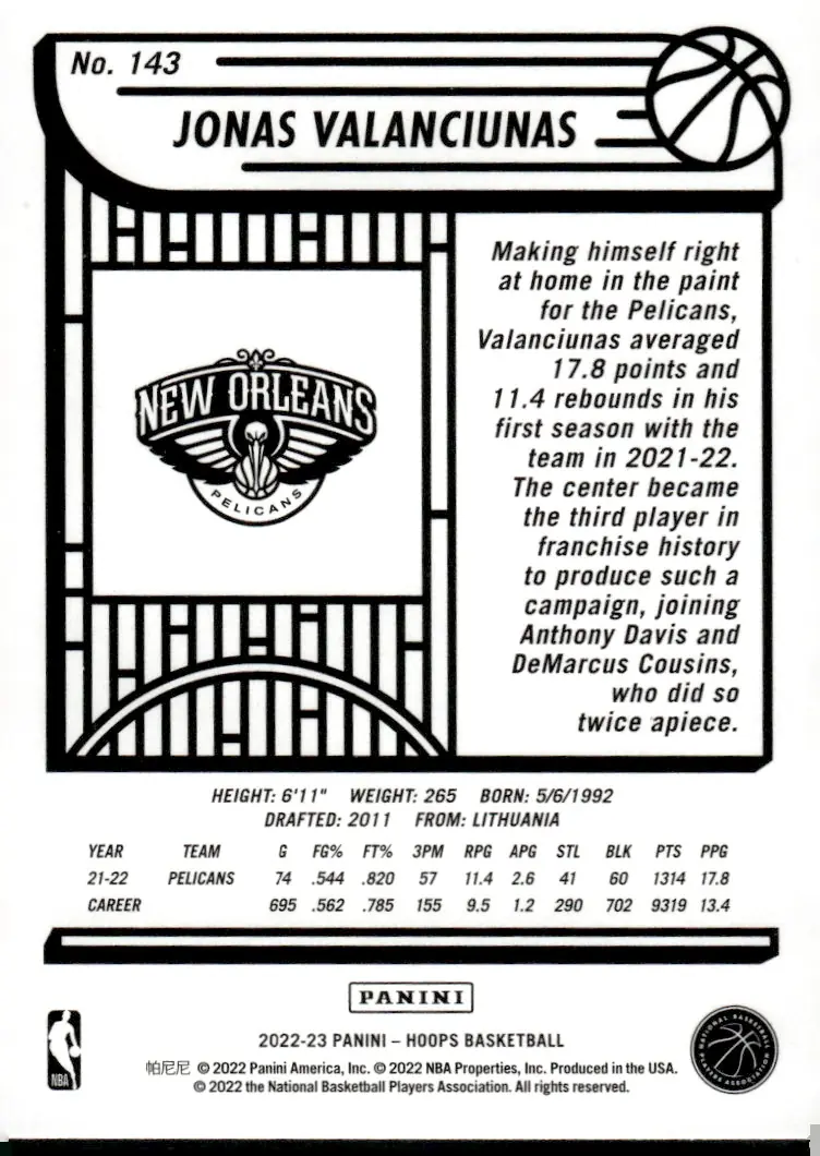 2022-23 NBA Hoops #143 Jonas Valanciunas (back)