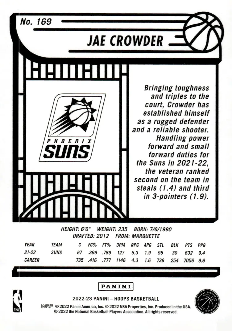 2022-23 NBA Hoops #169 Jae Crowder (back)