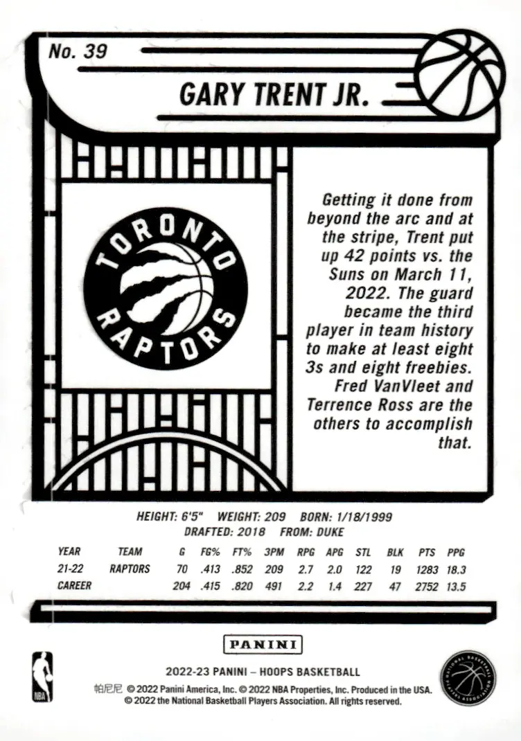 2022-23 NBA Hoops #39 Gary Trent Jr. (back)