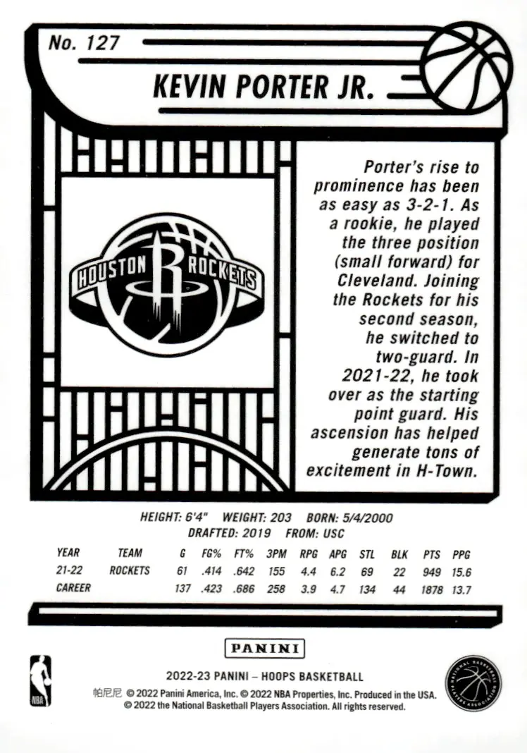 2022-23 NBA Hoops #127 Kevin Porter Jr. (back)