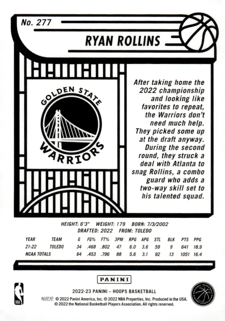 2022-23 NBA Hoops #277 Ryan Rollins (back)