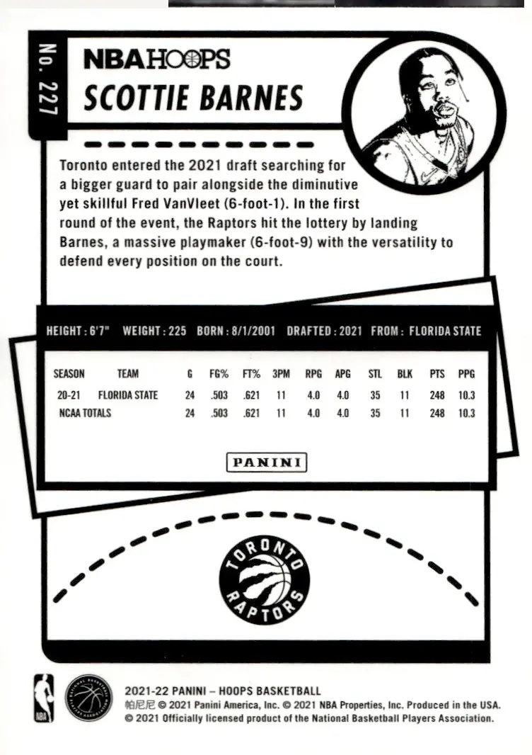 2021-22 NBA Hoops #227 Scottie Barnes (back)