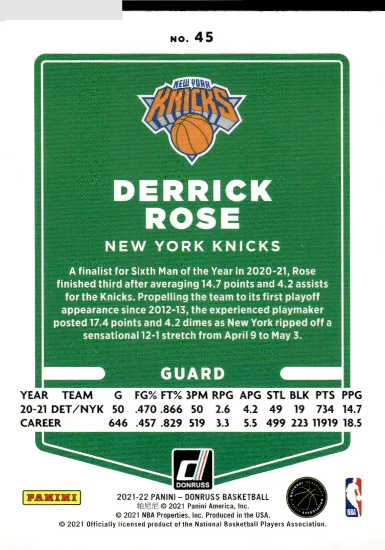 2021-22 Donruss #45 Derrick Rose (back)
