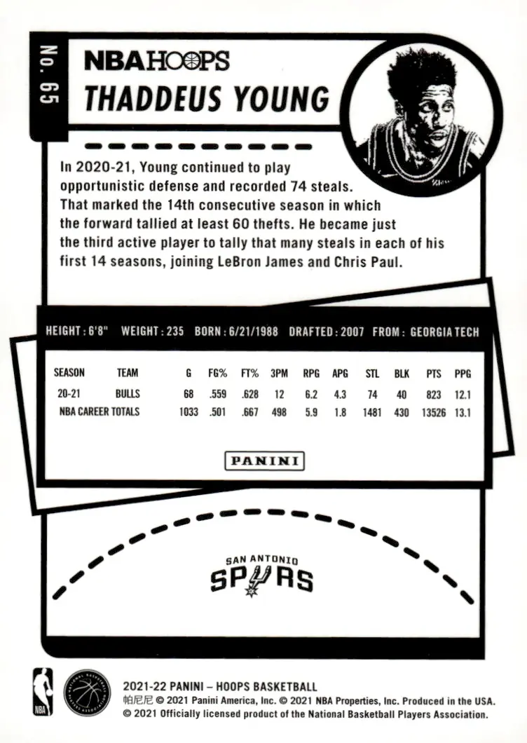 2021-22 NBA Hoops #65 Thaddeus Young – Purple (back)