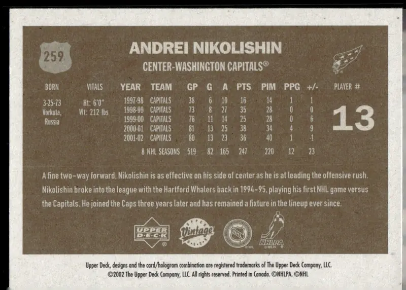 2002-03 Upper Deck Vintage #259 Andrei Nikolishin (back)