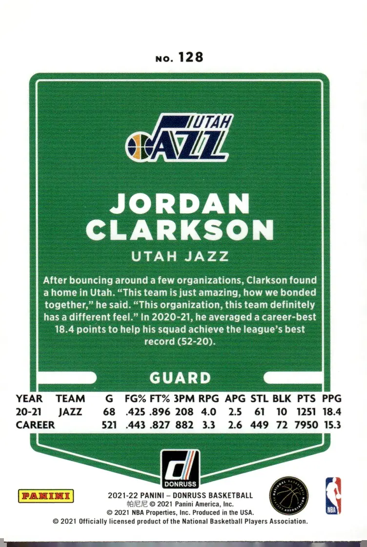 2021-22 Donruss #128 Jordan Clarkson (back)